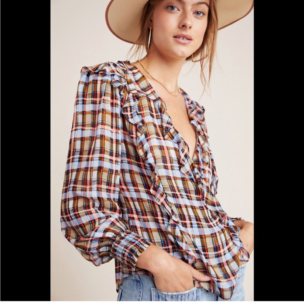 MAEVE Plaid Ruffle V-Neck Women's Top - Multi
